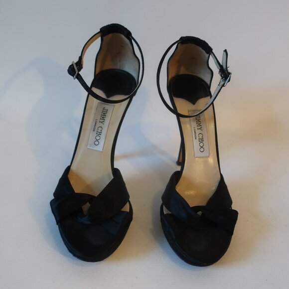 Womens Jimmy Choo Black Satin Ankle Strap Platform Open Toe Heels 37.5 US/7.5 * - Picture 1 of 12